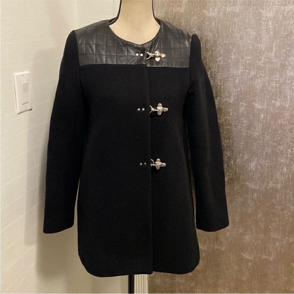 Sandro Black Coat with Quilted Leather Detail, S